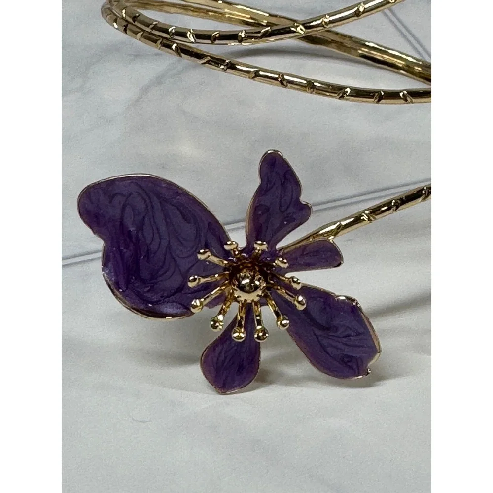 Purple Enamel Floral Double-Ended Gold Tone Arm Cuff Bangle For Women New